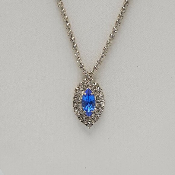 Vintage Silver Rhinestone Necklace With Blue Marquise Glass Pendant - Picture 2 of 6